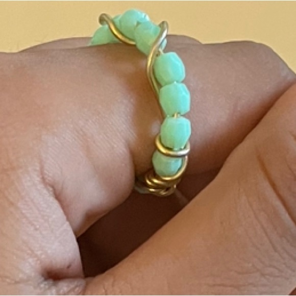 Handmade pastel teal ring wrapped in faux gold wire - Picture 3 of 3